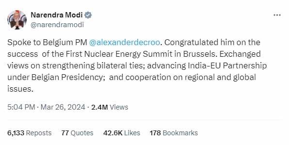 Modi ji Talk Spoke to Belgium PM on X